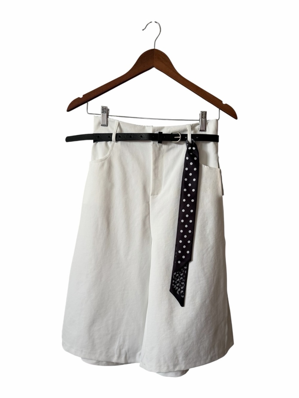 White Bermuda Shorts with Black Belt and Polka Dot Scarf Detail